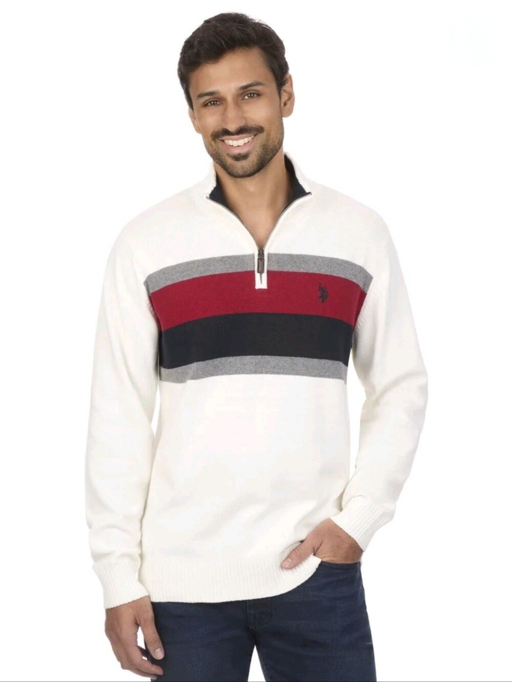 U.S. Polo Assn. Men’s Large Quarter Zip Sweater NWT Preppy Golf Chest Stripe